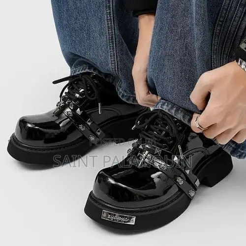 Glossy Black Balenciaga Chunky Platform Derby Shoes Riveted Straps