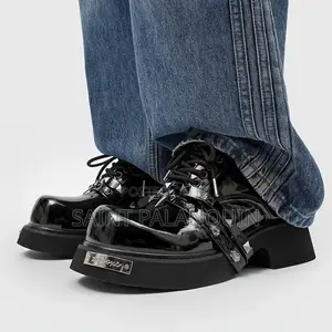 Glossy Black Balenciaga Chunky Platform Derby Shoes Riveted Straps