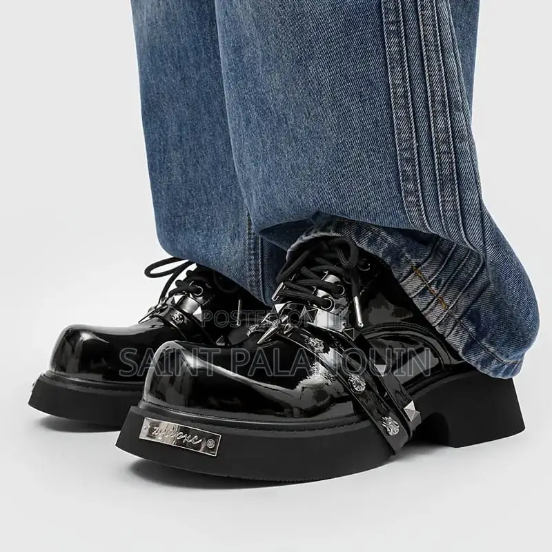 Glossy Black Balenciaga Chunky Platform Derby Shoes Riveted Straps