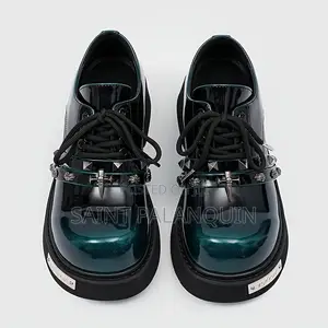 Derby Shoe, a Gradient Dark Green Metal Spike and Skull Accent Straps