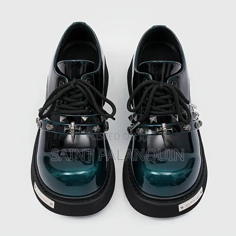 Derby Shoe, a Gradient Dark Green Metal Spike and Skull Accent Straps