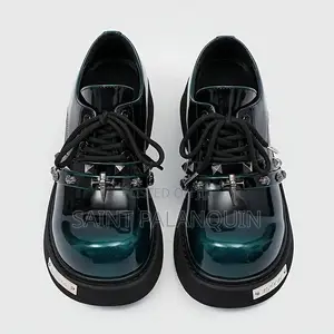 Derby Shoe, a Gradient Dark Green Metal Spike and Skull Accent Straps