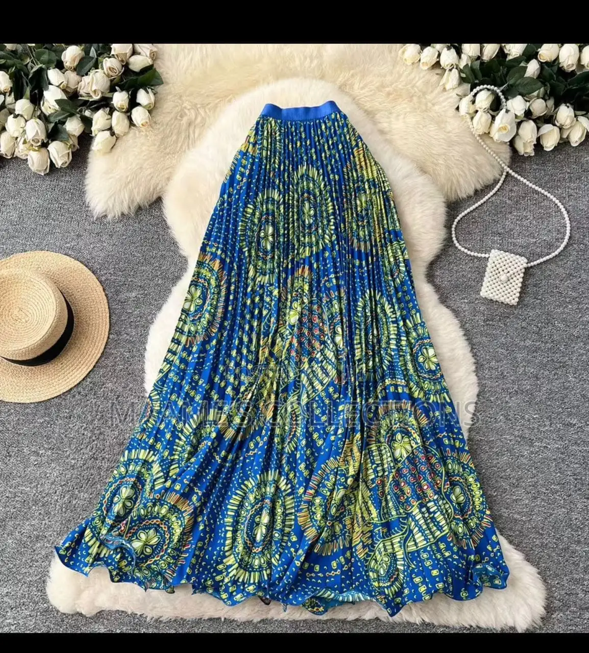 Women’s Patterned Long Pleated High-Waisted Skirt With Elastic Band