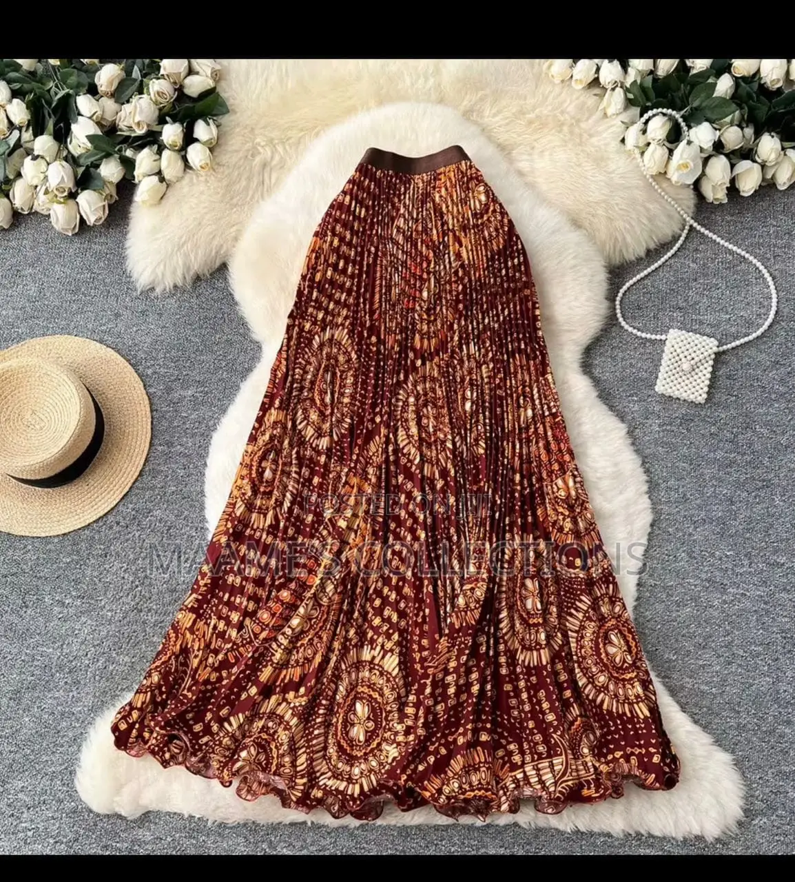 Women’s Patterned Long Pleated High-Waisted Skirt With Elastic Band