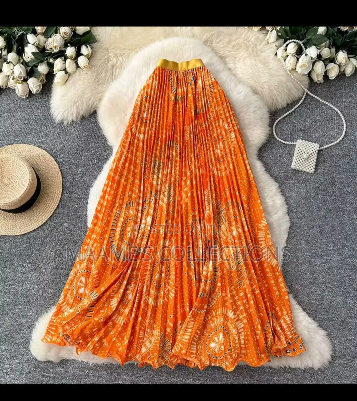 Women’s Patterned Long Pleated High-Waisted Skirt With Elastic Band