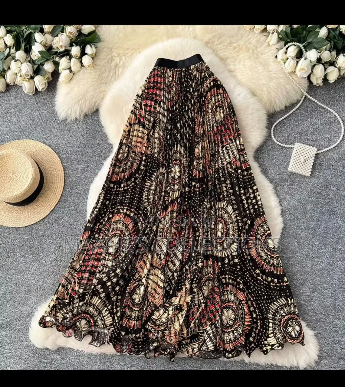 Women’s Patterned Long Pleated High-Waisted Skirt With Elastic Band