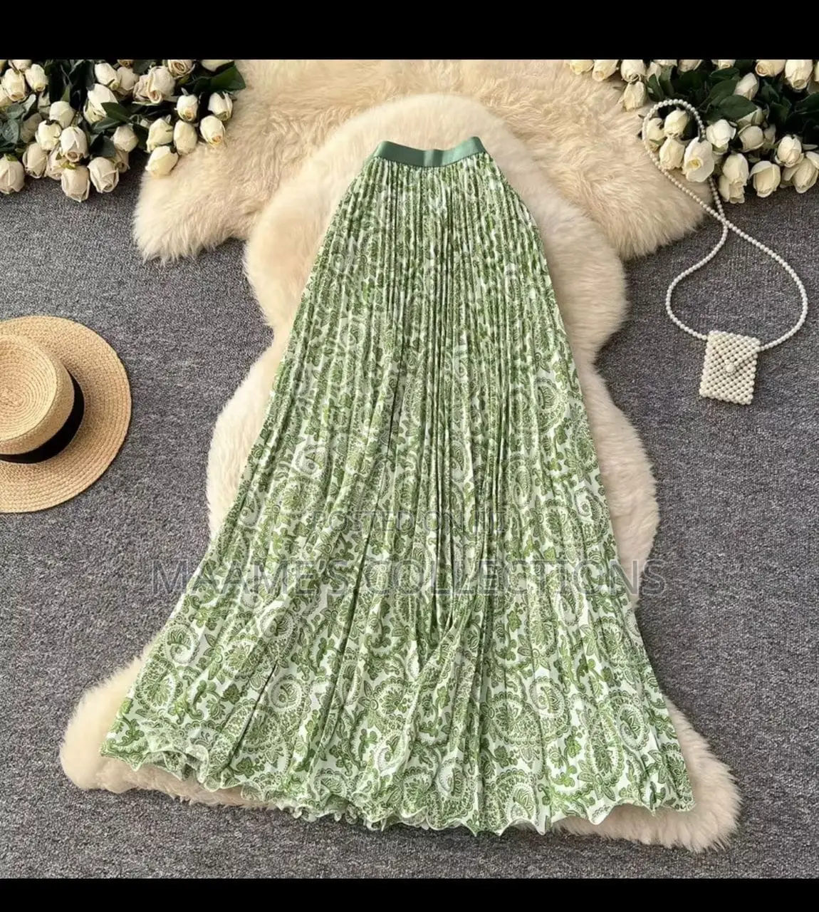 Women’s Patterned Long Pleated High-Waisted Skirt With Elastic Band