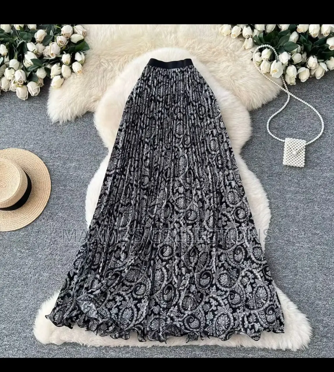 Women’s Patterned Long Pleated High-Waisted Skirt With Elastic Band