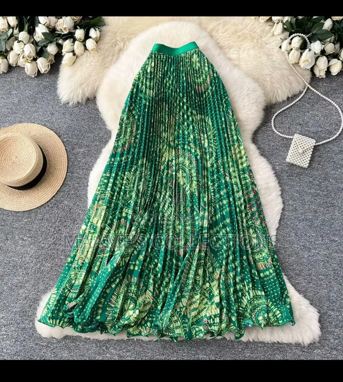 Women’s Patterned Long Pleated High-Waisted Skirt With Elastic Band