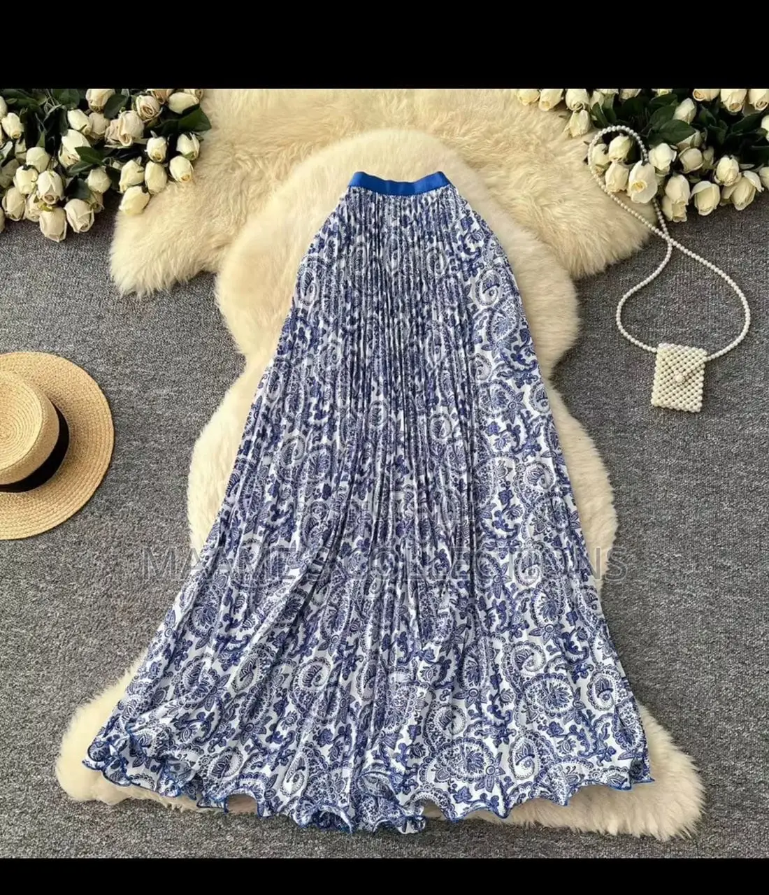 Women’s Patterned Long Pleated High-Waisted Skirt With Elastic Band