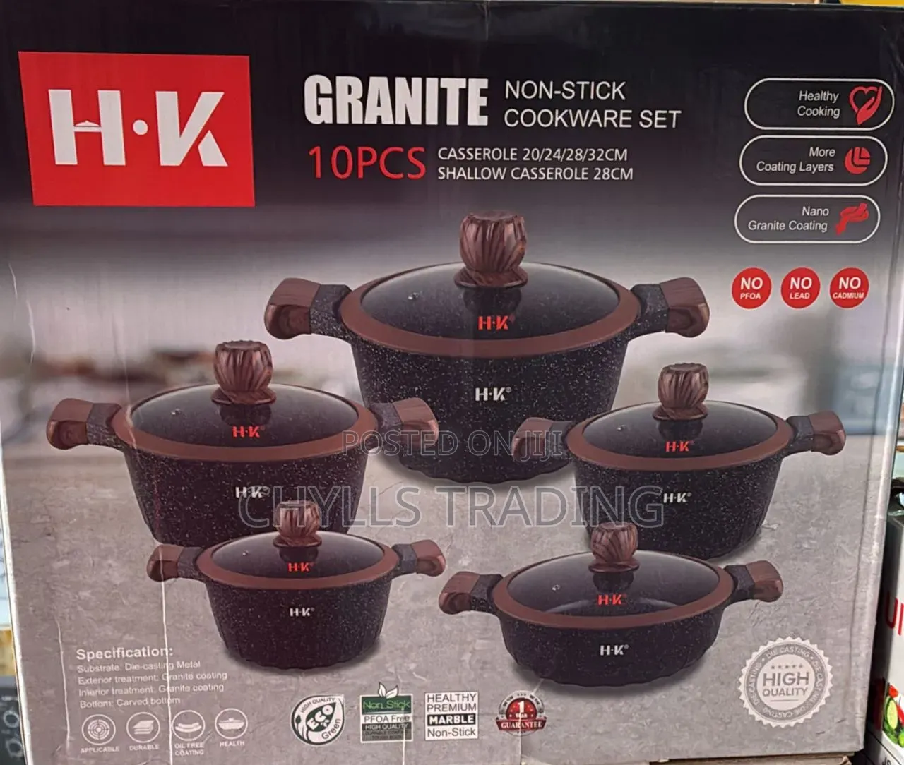 H-K 10PCS Granite Non-Stick Cookware Set – 20/24/28/32cm