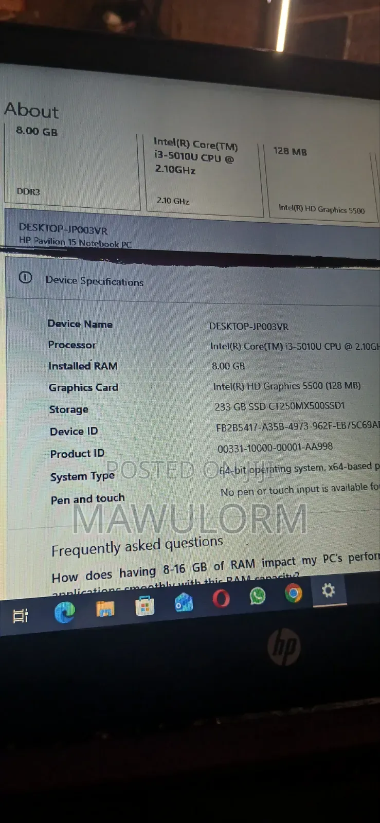Laptop HP 252 G3 8GB Intel Core i3 HDD+SSD 250GB
