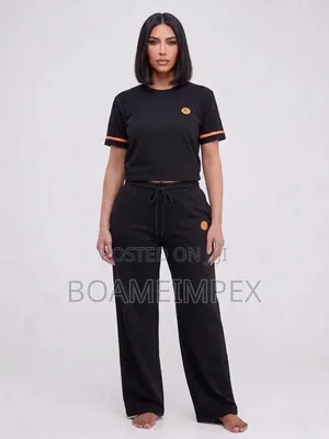 Ladies 2-Piece Black & Orange Casual Set | T-Shirt & Wide-Leg Trousers