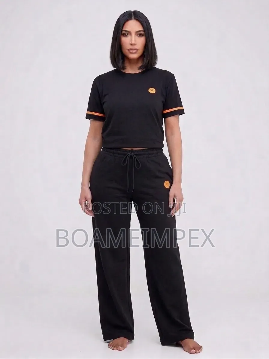 Ladies 2-Piece Black & Orange Casual Set | T-Shirt & Wide-Leg Trousers
