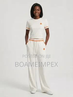 Ladies 2-Piece Black & Orange Casual Set | T-Shirt & Wide-Leg Trousers