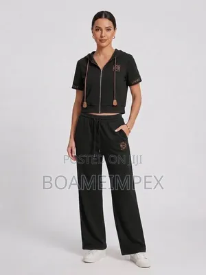 Ladies 2pc Hooded Set | Zip Top & Wide-Leg Trousers | Navy/Black