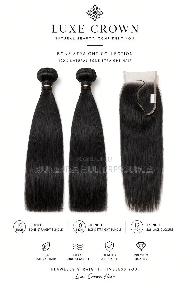 Natural Black Bone Straight – 10” 2 Bundles + 12” 2×6 Closure
