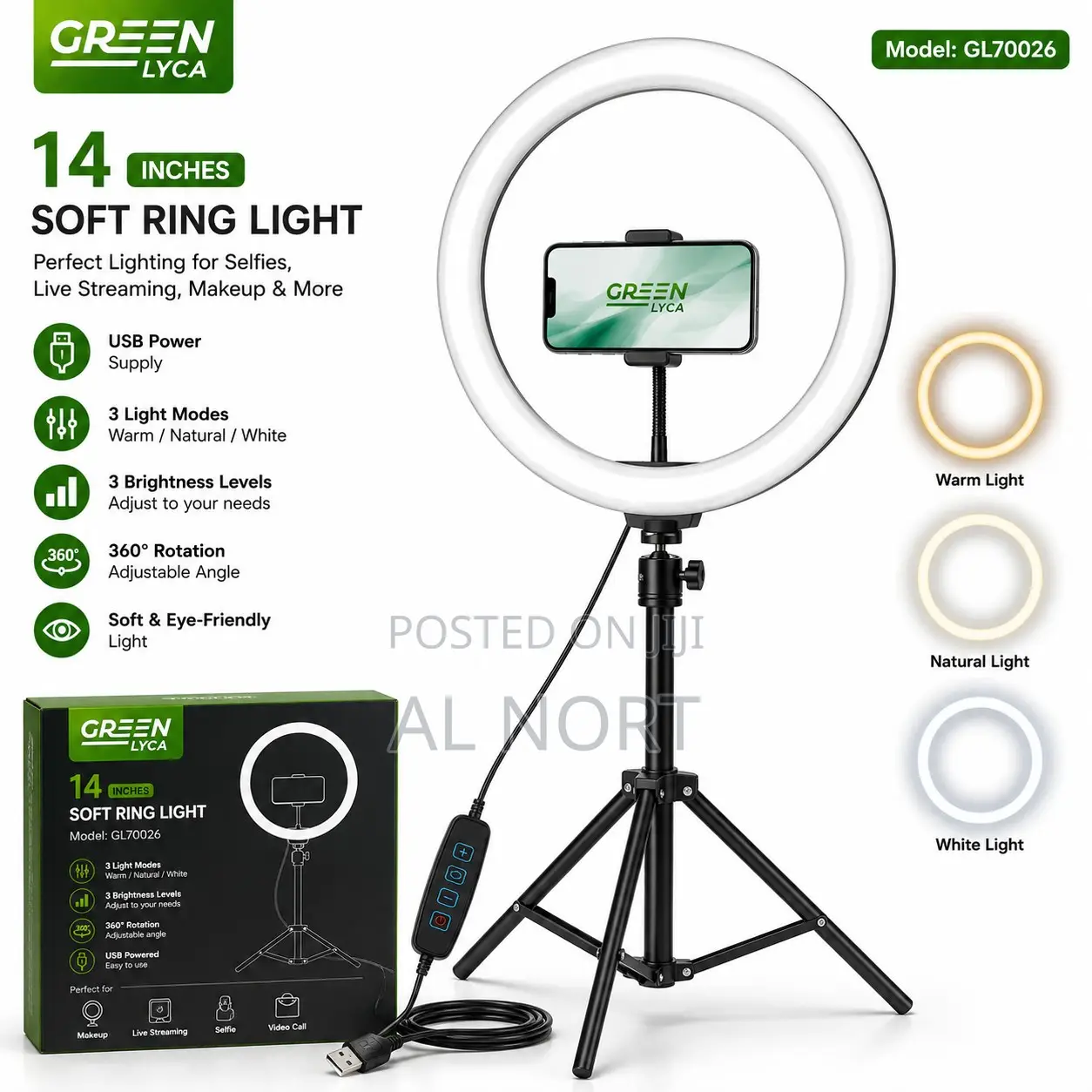 Green Lyca GL70026 14-Inch Soft Ring Light – USB Powered – 3 Modes