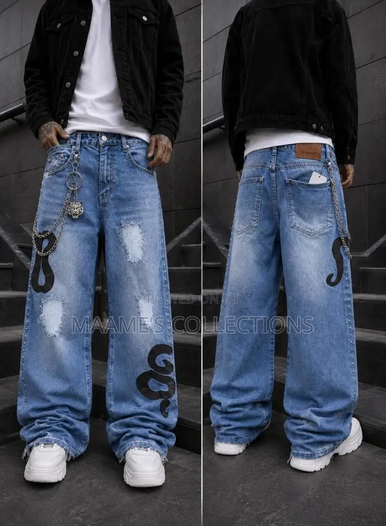 Men’s Light-Wash, Wide-Leg Baggy Denim Jeans