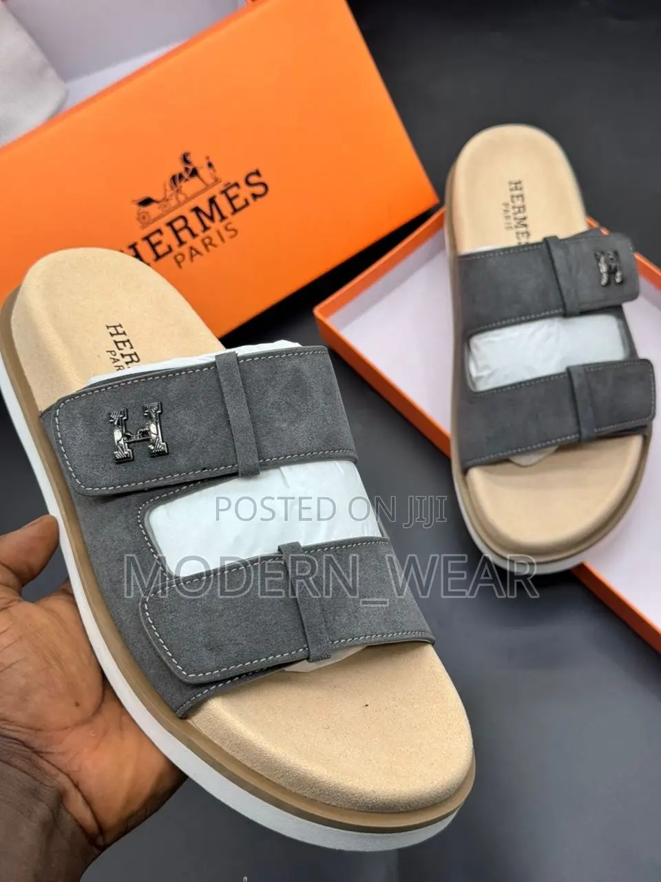 Hermès  Suede Adjustable Double-Strap Slide Sandals