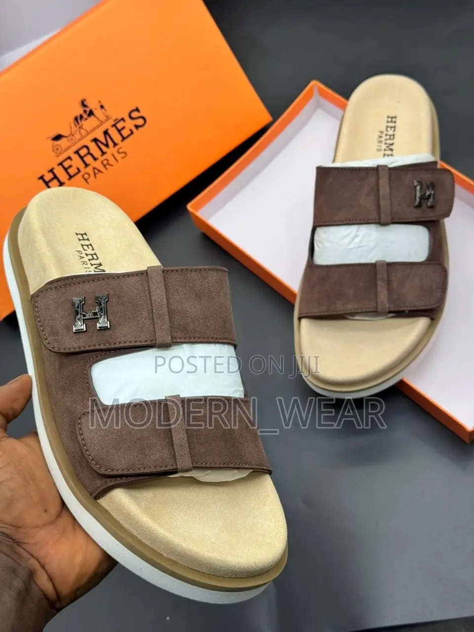 Hermès  Suede Adjustable Double-Strap Slide Sandals
