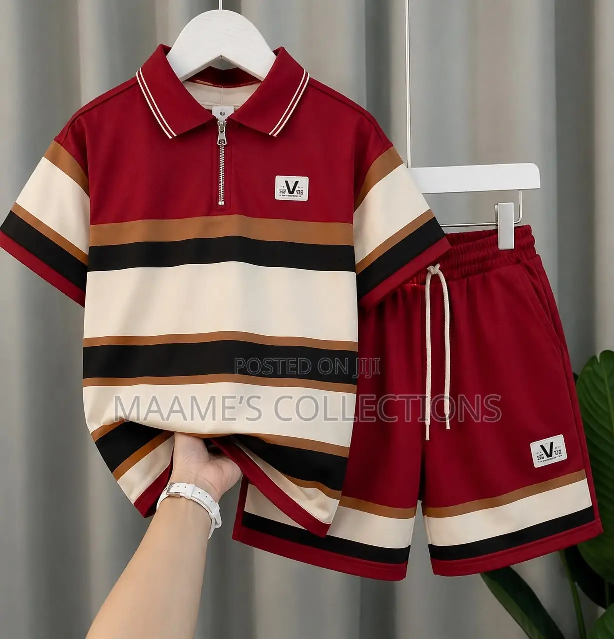 Men’s Striped Short-Sleeve Polo Top and Down Shorts Set