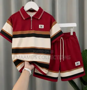 Men’s Striped Short-Sleeve Polo Top and Down Shorts Set