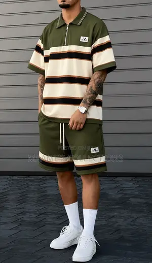 Men’s Striped Short-Sleeve Polo Top and Down Shorts Set