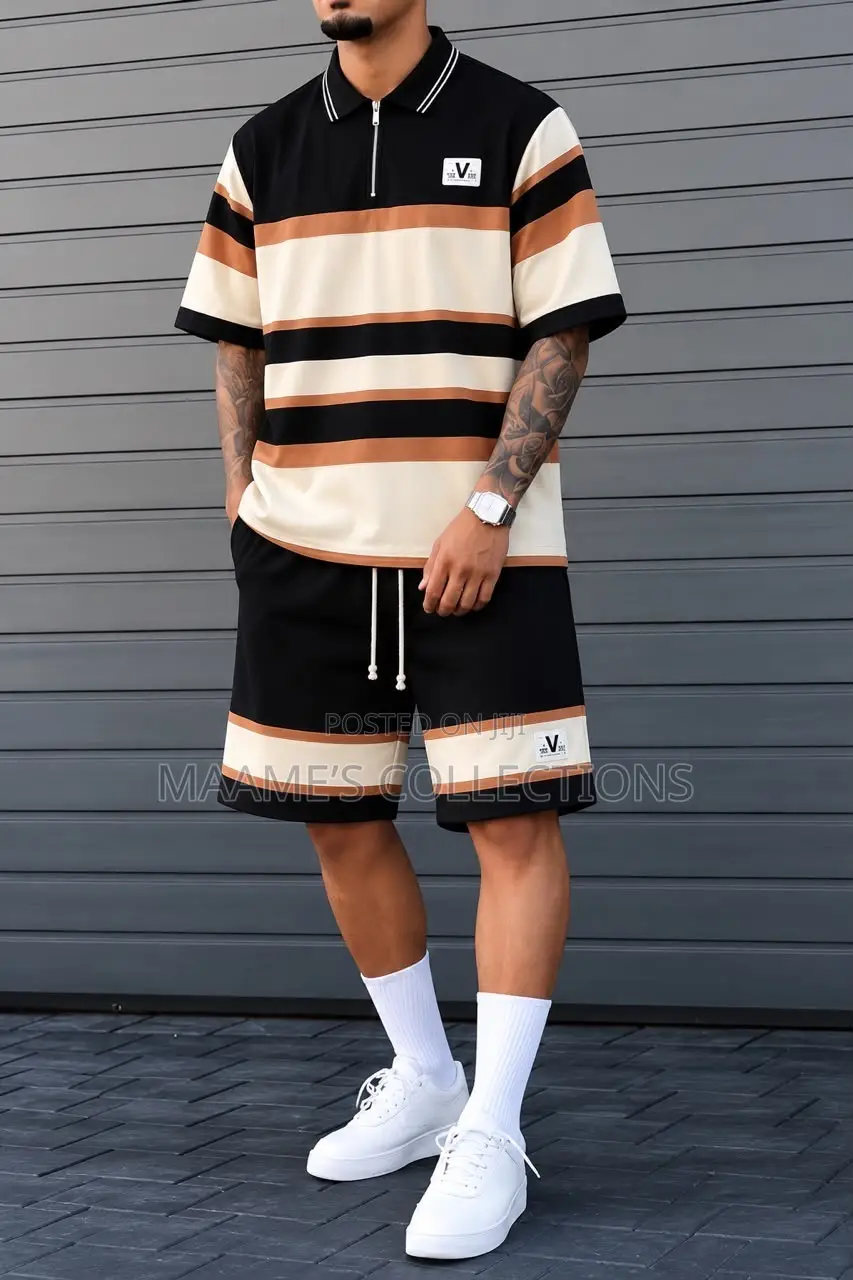 Men’s Striped Short-Sleeve Polo Top and Down Shorts Set