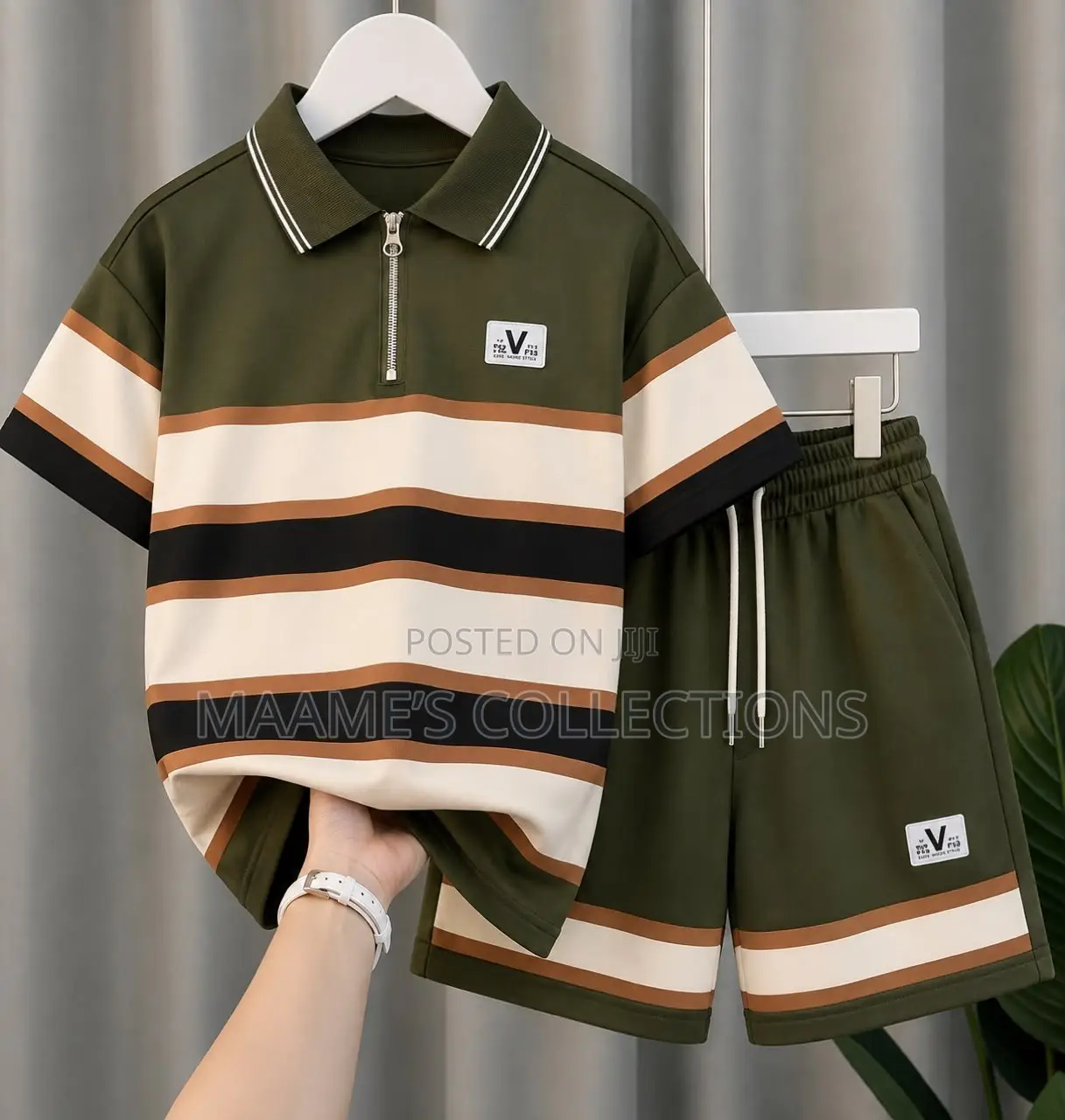 Men’s Striped Short-Sleeve Polo Top and Down Shorts Set