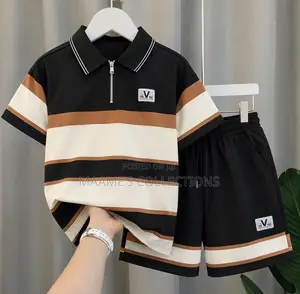 Men’s Striped Short-Sleeve Polo Top and Down Shorts Set