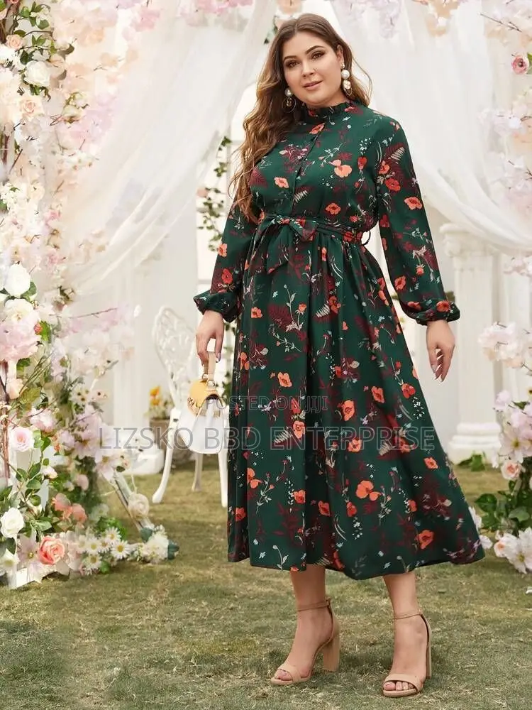 Dark Green Long-Sleeve Midi Dress by SHEIN