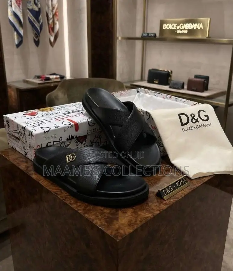 Dolce & Gabbana Men’s Leather Cross-Strap Slide Sandals