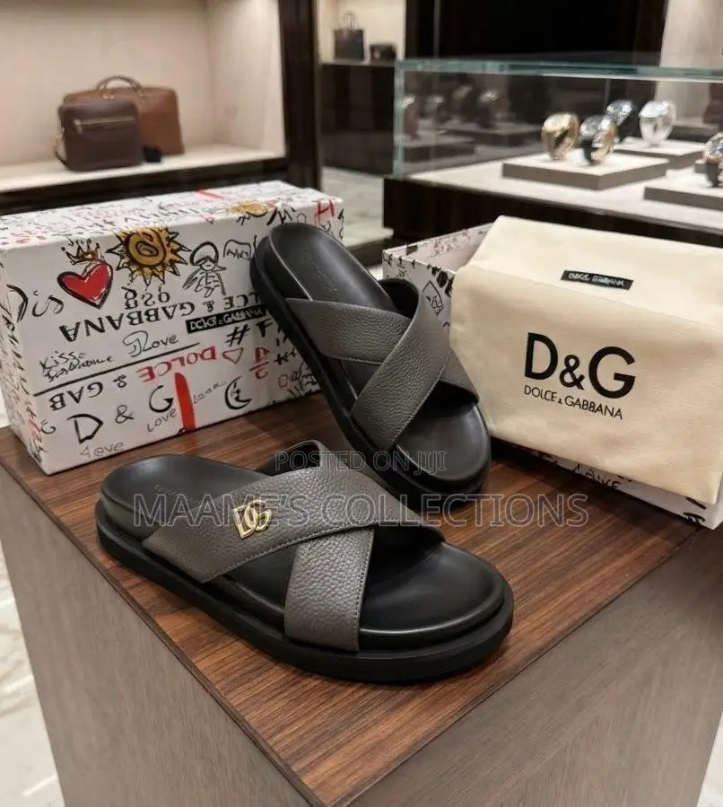 Dolce & Gabbana Men’s Leather Cross-Strap Slide Sandals