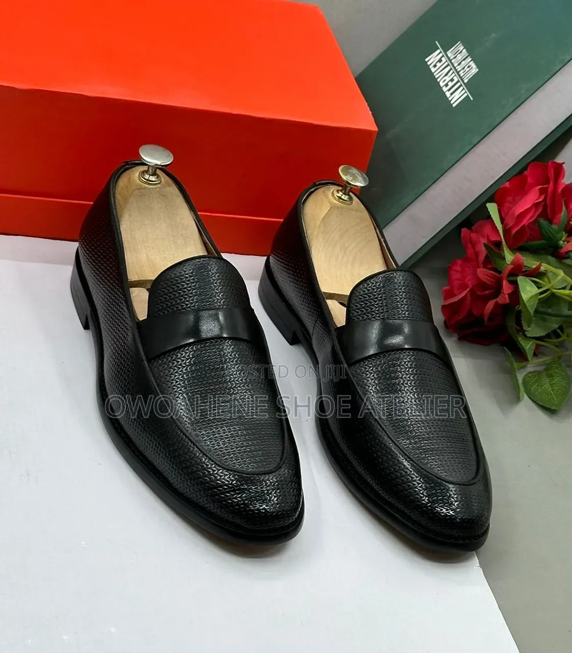 Roberto Guerrini Black Textured Penny Loafers