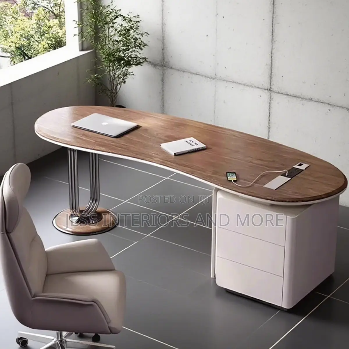 Office Desk (Wood Curved Desk With Drawers)