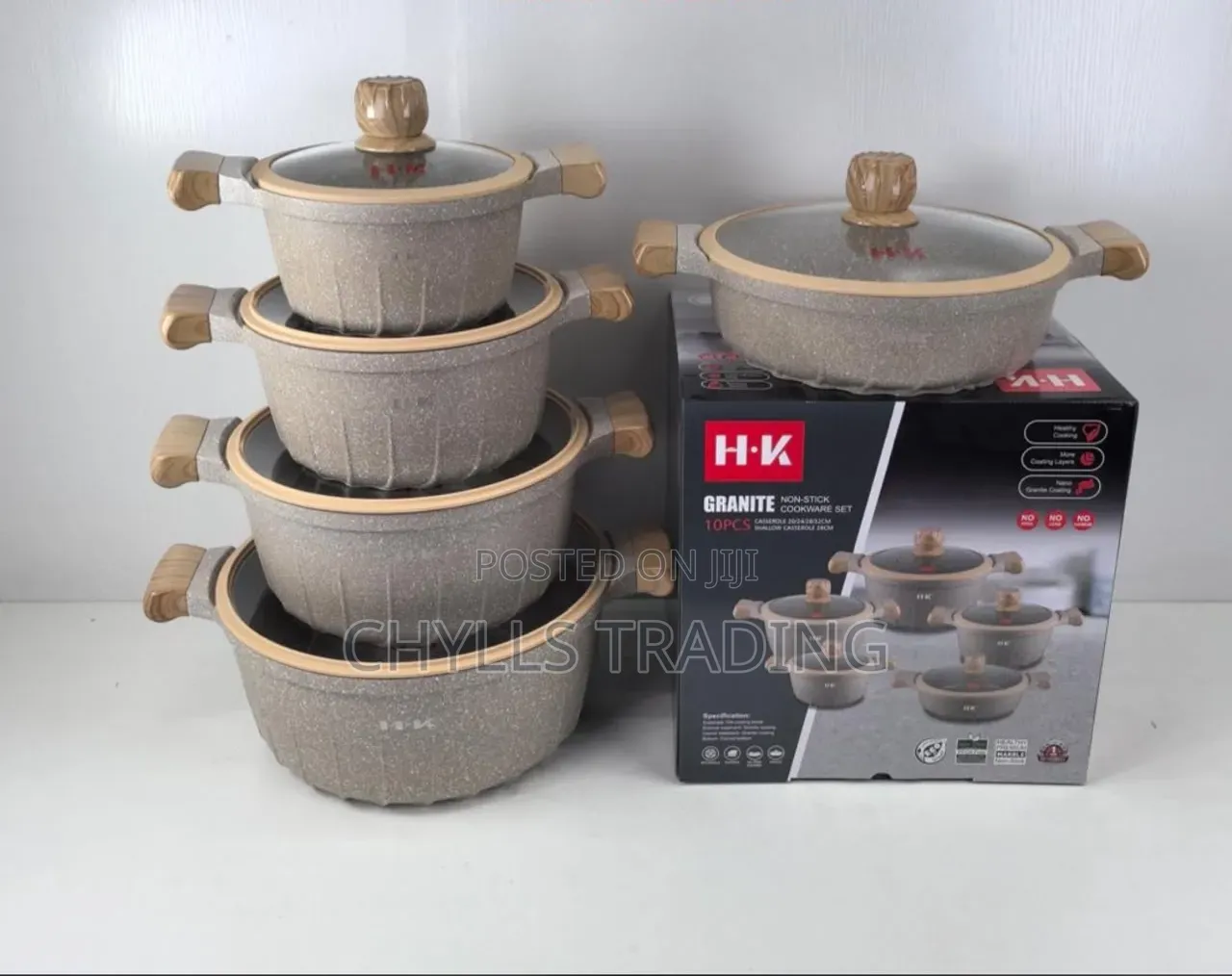H-K 10PCS Granite Non-Stick Cookware Set – 20/24/28/32cm