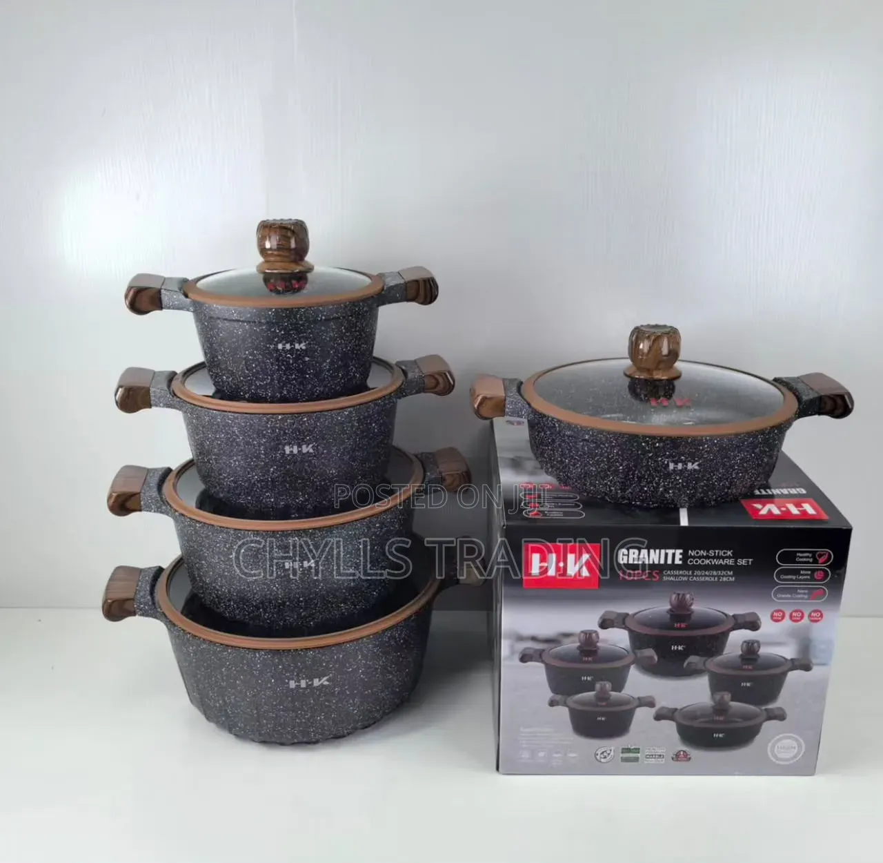 H-K 10PCS Granite Non-Stick Cookware Set – 20/24/28/32cm