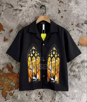 Black Short-Sleeve Button-Up Shirt With a Colorful Gothic-Style