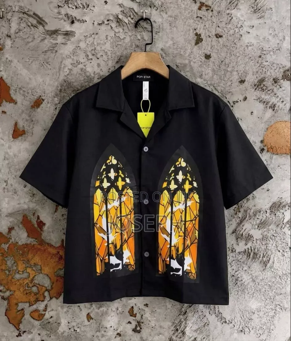 Black Short-Sleeve Button-Up Shirt With a Colorful Gothic-Style