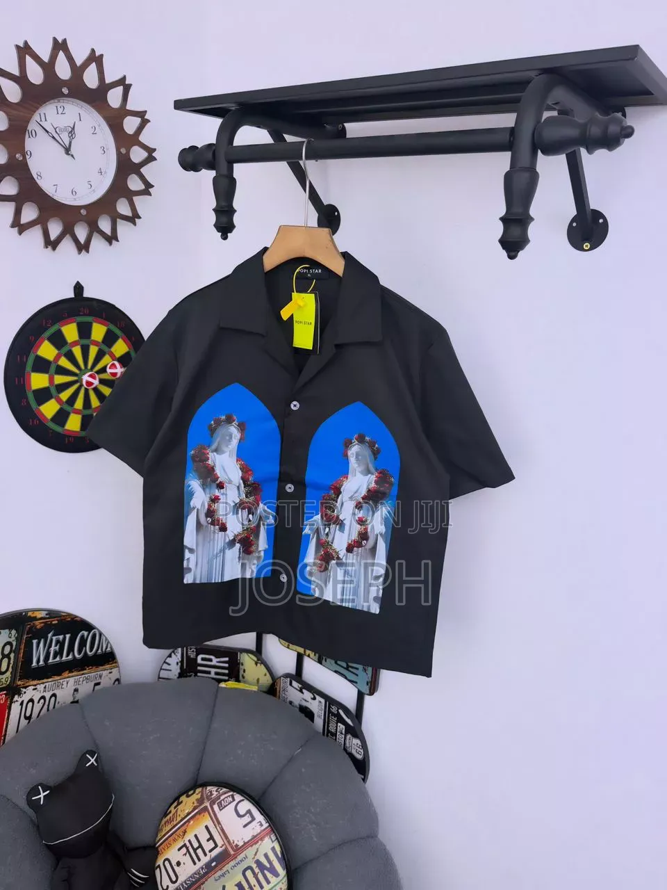 Black Short-Sleeve Button-Up Shirt With a Colorful Gothic-Style