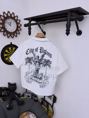 Black Short-Sleeve Button-Up Shirt With a Colorful Gothic-Style
