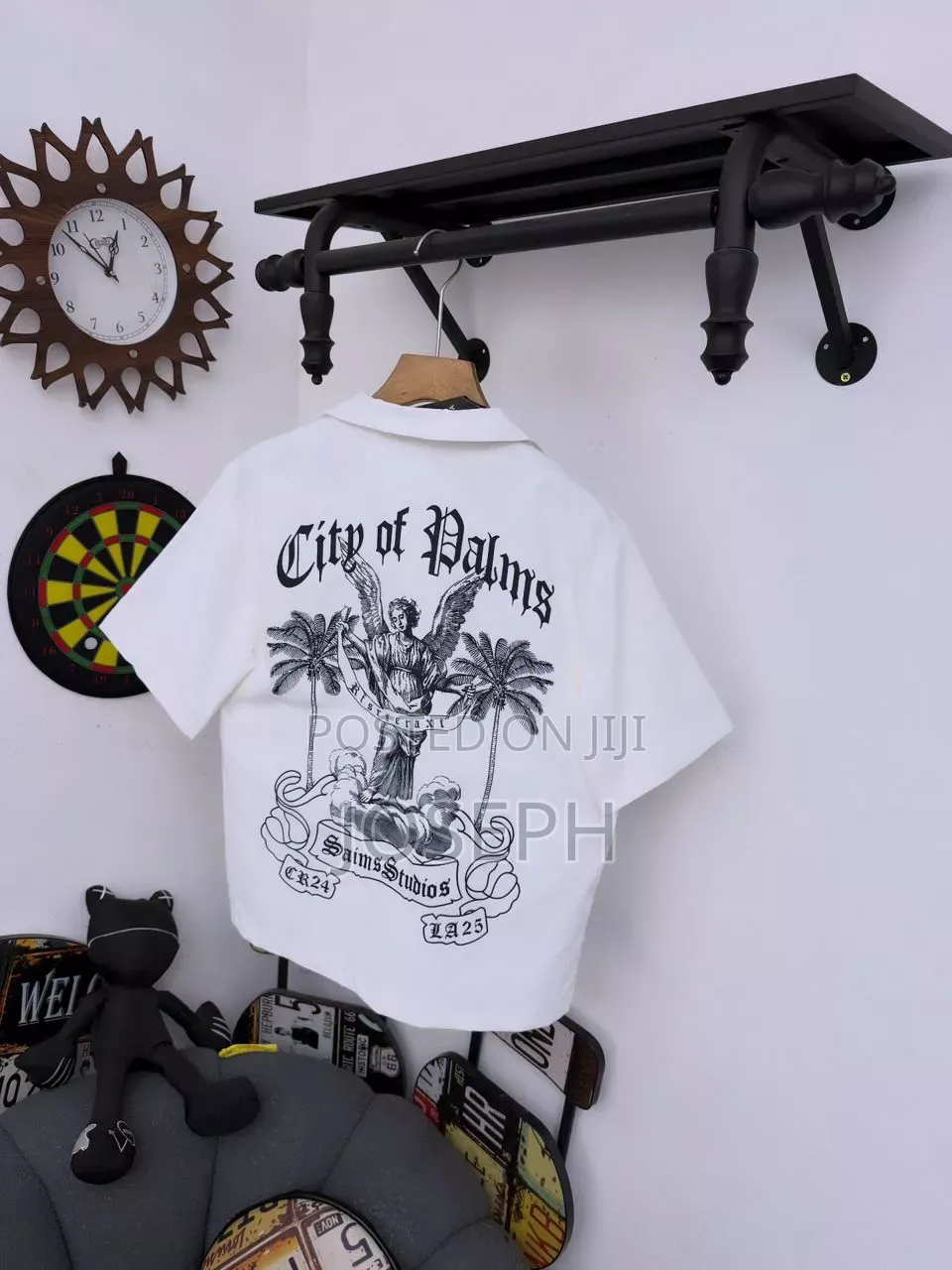 Black Short-Sleeve Button-Up Shirt With a Colorful Gothic-Style