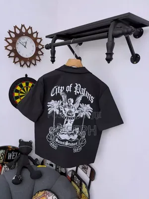 Black Short-Sleeve Button-Up Shirt With a Colorful Gothic-Style