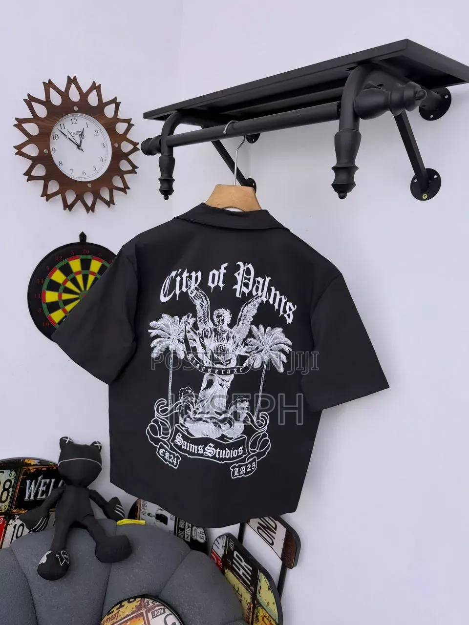Black Short-Sleeve Button-Up Shirt With a Colorful Gothic-Style