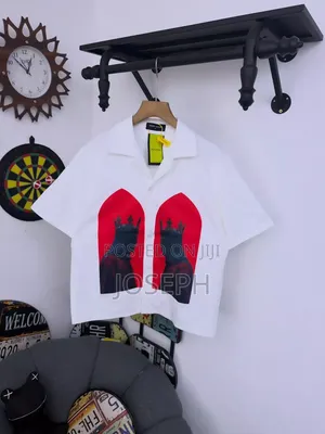 Black Short-Sleeve Button-Up Shirt With a Colorful Gothic-Style