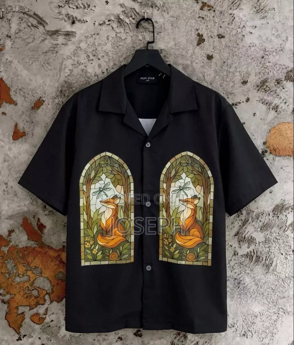 Black Short-Sleeve Button-Up Shirt With a Colorful Gothic-Style