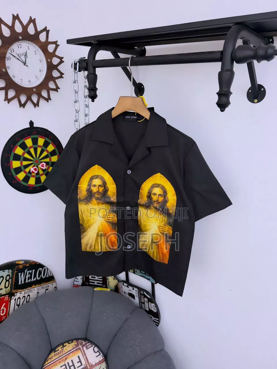 Black Short-Sleeve Button-Up Shirt With a Colorful Gothic-Style