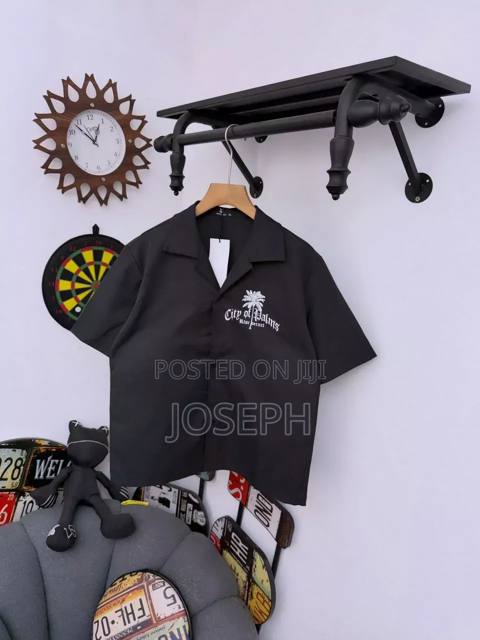 Black Short-Sleeve Button-Up Shirt With a Colorful Gothic-Style