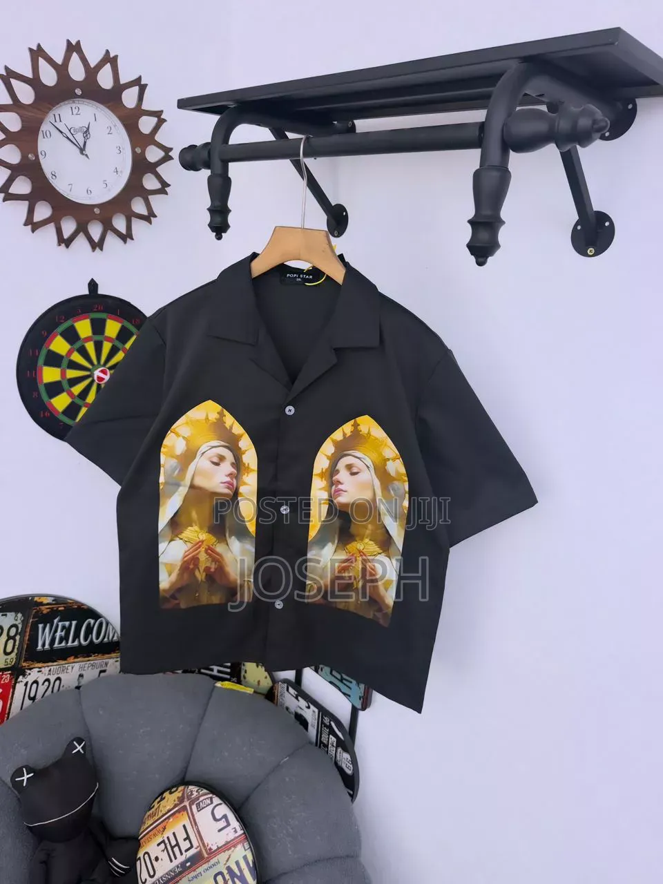 Black Short-Sleeve Button-Up Shirt With a Colorful Gothic-Style